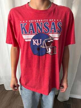 Vintage University of Kansas Jayhawks Football Helmet Red Graphic T-Shirt